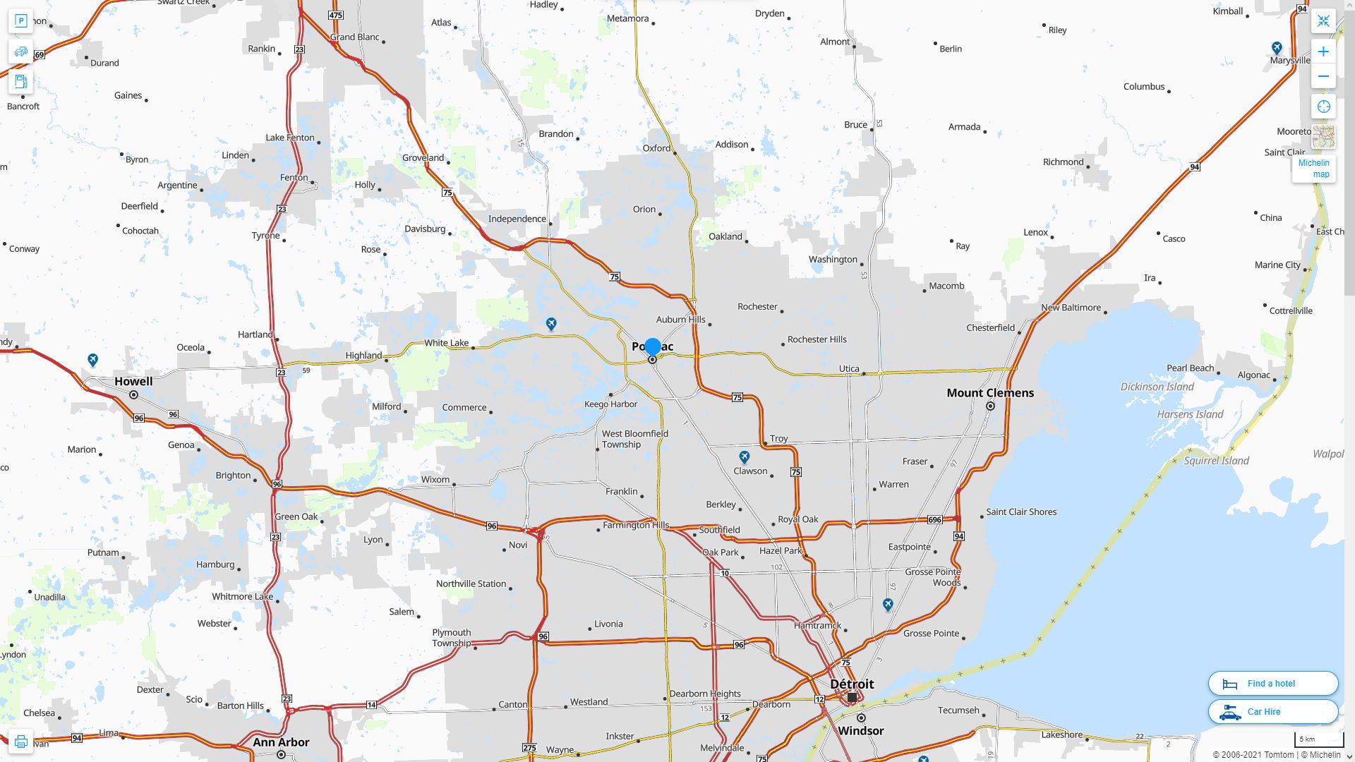Pontiac Michigan Highway and Road Map